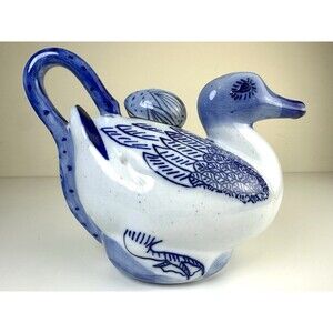 Blue and White Vintage Handpainted China Duck Teapot
